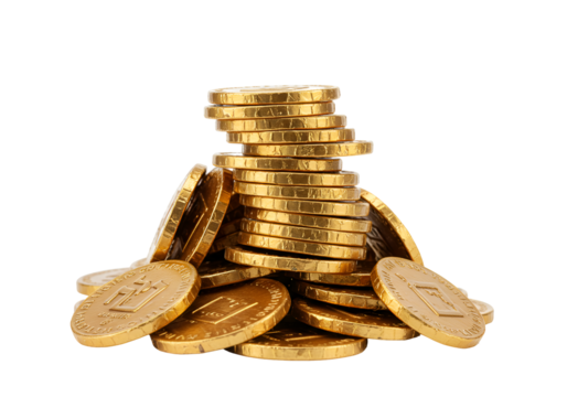 Stack of shiny gold bitcoin coins on a black background with reflective surface