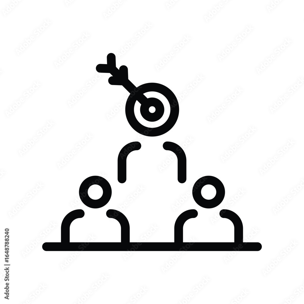 Poster black line icon shows a target with arrow above 3 stylized people figures at a table. editable strok