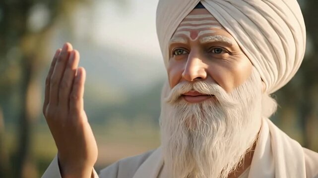 Elderly man with a white turban beard and forehead markings raises his hand in a blessing or greeting