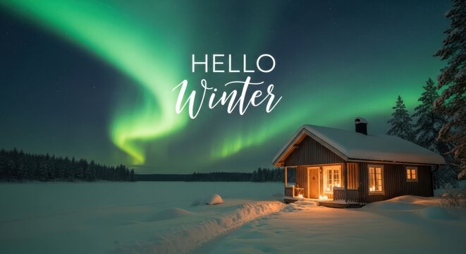 Wooden house in a winter landscape under the northern lights. Hello Winter text on the sky. Peaceful scene with snow, cozy warmth.