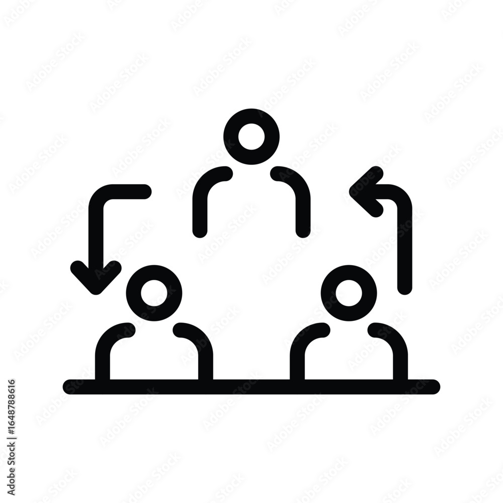 Poster icon showing 3 people interconnected with arrows suggesting a team or sharing concept. editable stro