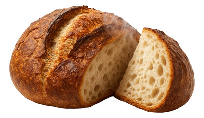 A steam-emitting sourdough boule with a slice partially separated.