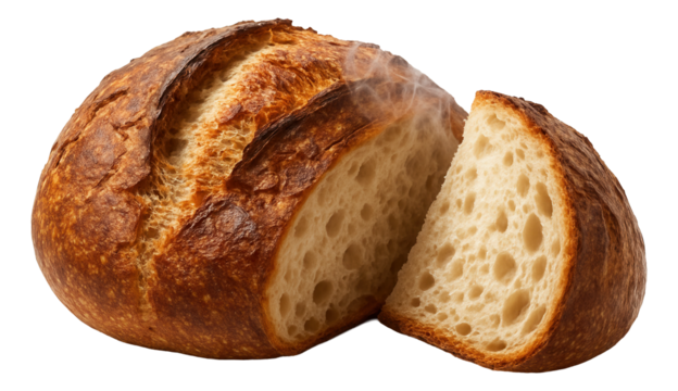 A steam-emitting sourdough boule with a slice partially separated.