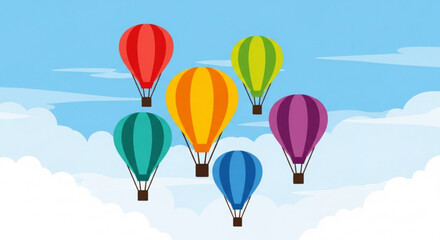 Colorful hot air balloons flying in blue sky with clouds vector illustration graphic design element