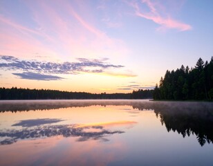 Fototapeta premium Beautiful summer sky reflects over the calm lake at sunrise and sunset