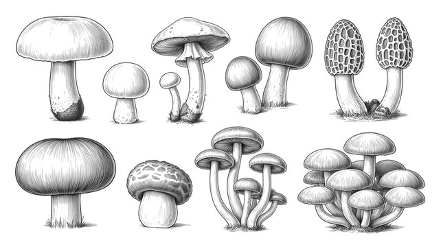 A detailed black and white ink illustration of various mushrooms arranged in a grid-like