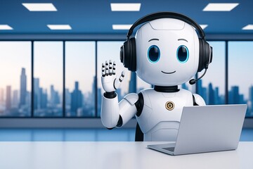 Friendly AI robot chatbot with a headset, working as a customer service agent on a laptop in a modern office.