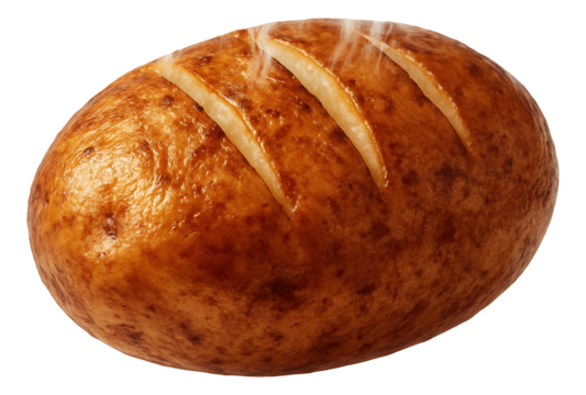 Baked potato with crisp skin, steam escaping from slits.