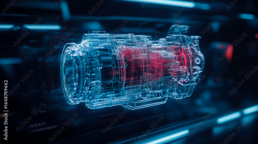 Poster intricate 3d digital model of futuristic engine with glowing blue wireframe and highlighted red inte