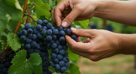 Obraz premium Hands picking ripe dark grapes from a vine in a vineyard.