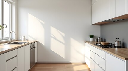 Simple Scandinavian office kitchen, white cabinet and  wood surfaces