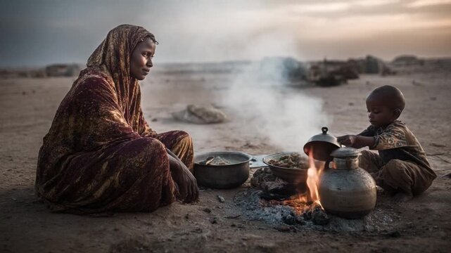 Warmth in the Desert: A poignant image of a mother and child sharing a moment by a small fire in a desert landscape. The scene speaks to the bonds of family and the simple beauty of life.