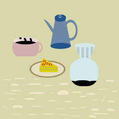 Minimalist vector of pour over coffee with yellow fruit cake slice on light green background. Ideal for café branding, kitchen wall art, and bakery-themed projects.