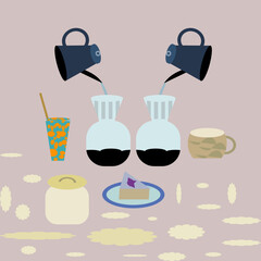 Minimalist vector of double pour over coffee setup with iced drink, cake slice, and coffee cup. Perfect for café menu design, branding, and cozy coffee shop illustrations.