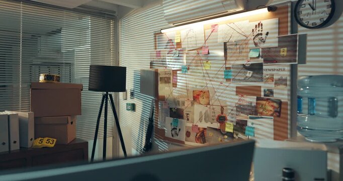 Office, board and police investigation at empty workplace with mind map, link and proof for crime. Evidence, computer and furniture for planning, interior and problem solving with inspection for lead