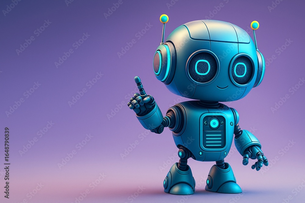 Poster cute ai robot character with an idea, pointing a finger up on a purple background. 3d render.