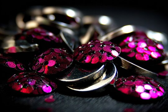 Close-up of metallic disks and pink glitter embellishments