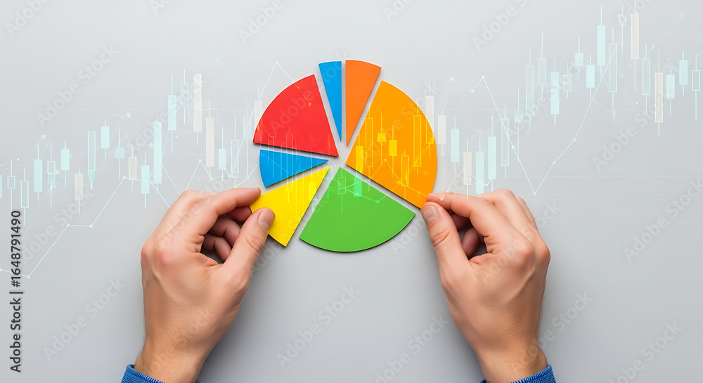 Aufkleber hands assembling a colorful pie chart with stock market candlesticks in the background on light gray