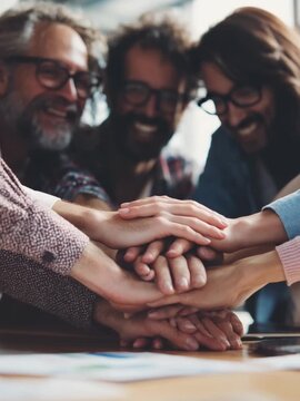 United in Purpose: Group of individuals come together to share a moment of unity through a collaborative gesture. This stock photo captures the essence of teamwork and the beauty of togetherness