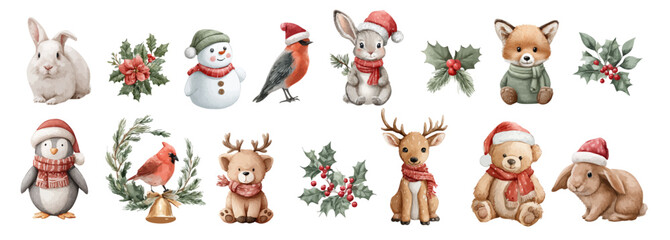 Watercolor Christmas animals and holiday clipart set, winter forest cute characters isolated on white. Cozy Watercolor clip art elements, ready to print. Perfect for invitation, card, poster, banner