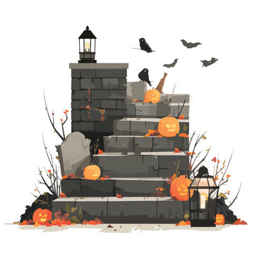 Halloween Creepy Staircase isolated in White background, silhouette Set, Halloween theme, Vector illustration