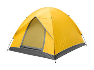 A spacious yellow dome tent with an open entrance stands ready for camping, isolated as a transparent PNG image.