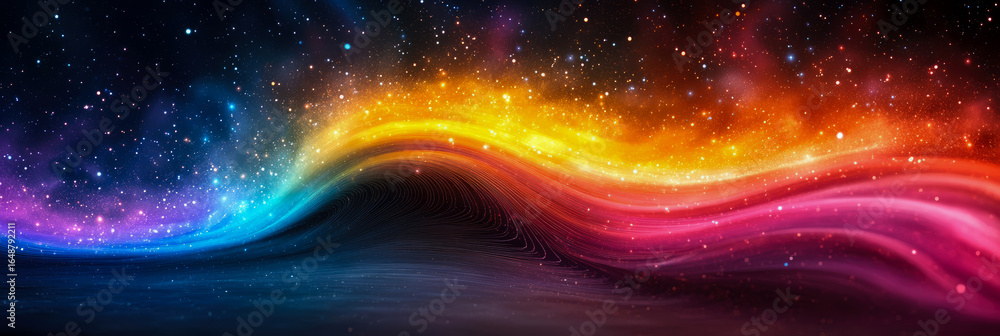 Poster vibrant cosmic wave of luminous stardust and swirling nebulae, creating abstract and dynamic celesti