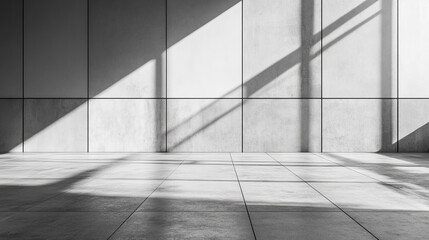 Empty modern space, sunlight casts geometric shadows on light-gray tiled floors and walls