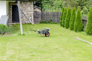 Wheelbarrow on a Green Lawn