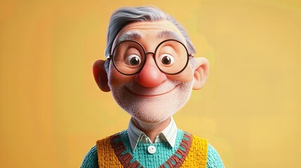 cheerful digital illustration of a cartoon elderly man with a warm smile isolated on yellow background