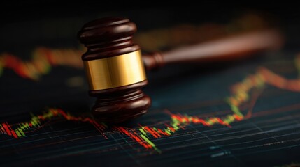 Close-up of a financial chart with a gavel and colorful line graph on a dark background, symbolizing market analysis and legal decisions