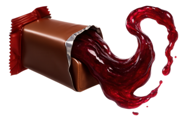 A candy bar's wrapper split, with a viscous fruit filling extending.