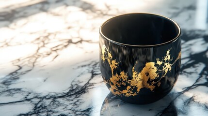 Luxurious black coffee cup with gold-leaf illustrations presented on a marble surface, surrounded by soft morning light. A perfect minimal composition for high-end branding