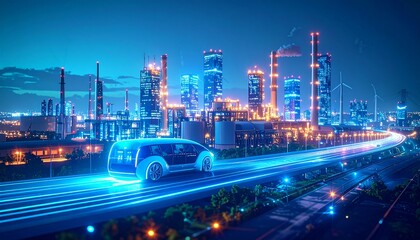 Fototapeta premium Futuristic autonomous vehicle glides through neon-lit city skyline at night, showcasing innovation