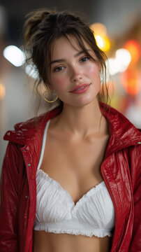 Woman in red jacket and white bralette portrait