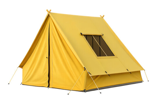 A bright yellow camping tent stands pitched with a visible window. This isolated transparent PNG is ready for your outdoor and adventure designs. - Powered by Adobe