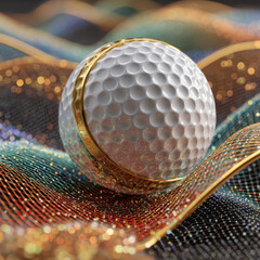 Golf ball with gold ring on colorful fabric with bokeh lights