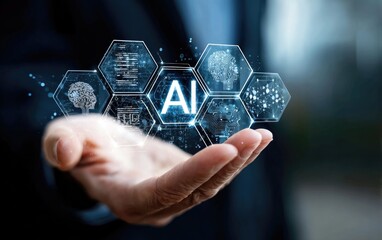 A hand holds a holographic display of AI, with various data visualizations