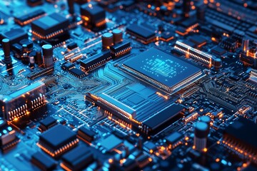 Fototapeta premium Detailed close-up of a circuit board with illuminated components