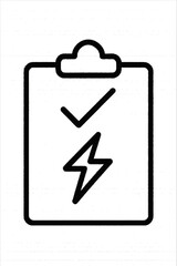 Black and White Line Drawing of Clipboard with Checkmark and Lightning Bolt – Electrical Task Checklist Vector Illustration