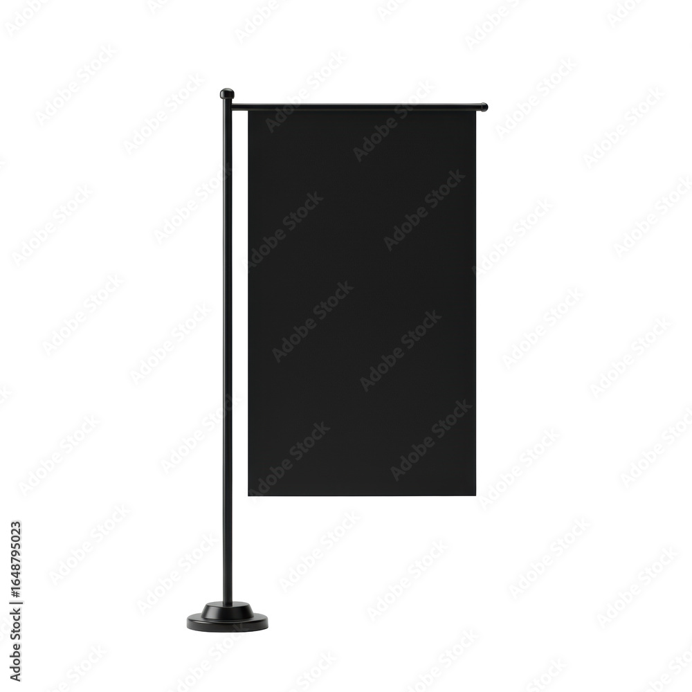 Poster a plain black flag made of smooth matte fabric, crisp and rigid, perfectly isolated against a seamle
