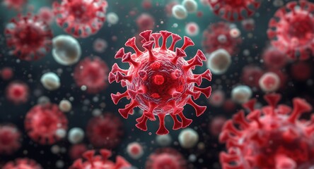3d virus visualization red virus in microbiology laboratory environment detailed close-up view