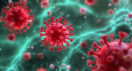 3d visualization of red virus in microbiology laboratory environment microscopic viewpoint viral concept