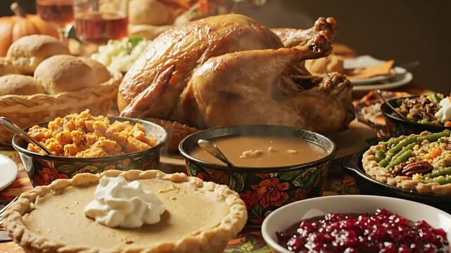 Holiday table laden with a whole roasted turkey pumpkin pie cranberries gravy and other sides arranged on a patterned tablecloth