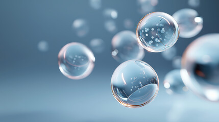 Naklejka premium Elegant abstract bubbles and transparent liquid droplets floating in a modern minimalistic background with vibrant blue tones and artistic design elements