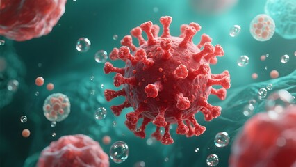 3d visualization of red virus in microbiology lab scientific study digital art abstract environment close-up concept