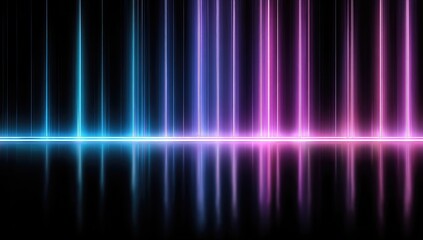 Abstract neon light vertical beams reflected on a dark surface