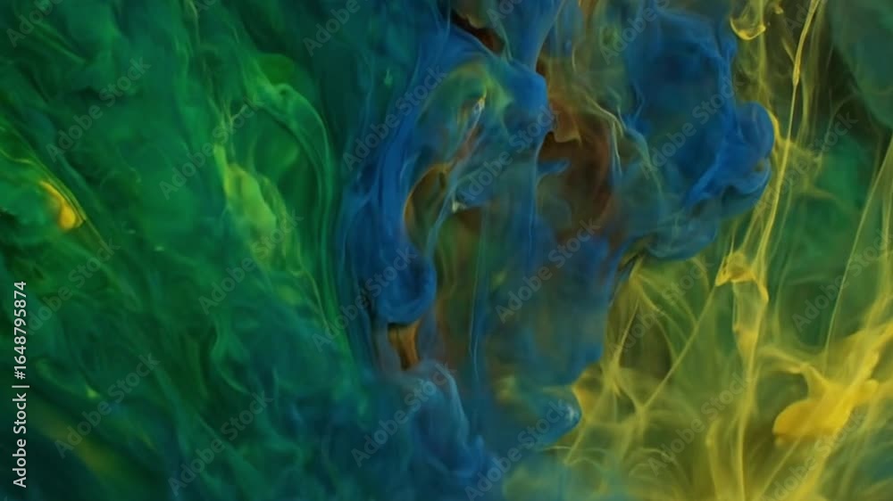 Poster inks of green yellow and blue merge to create dynamic swirling patterns evoking movement