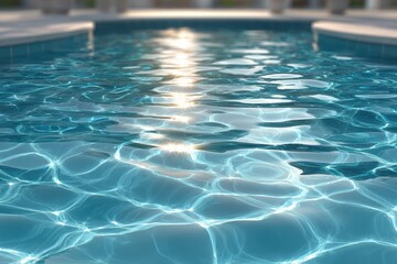 Mesmerizing close-up showcases glistening surface tranquil pool. Crystal-clear water reflects bright sunlight, creating serene refreshing environment. Captures essence summer, relaxation, leisure.