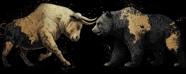 A dynamic illustration of a bull and a bear facing off symbolizes financial market trends and economic competition.